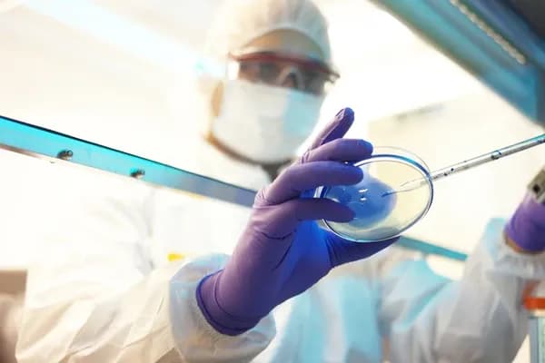 Laboratuvarda koruyucu ekipman giyen bir bilim insanı, pipet kullanarak petri kabındaki sıvı üzerinde çalışıyor.