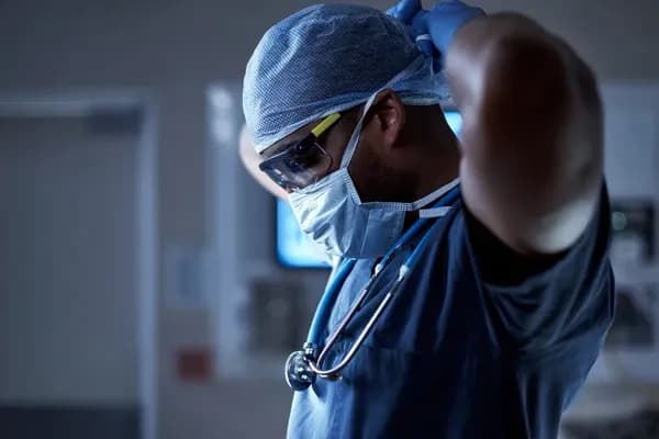 Hastane ortamında maske, koruyucu gözlük ve cerrahi bone takan bir sağlık çalışanı eldivenlerini düzeltiyor.