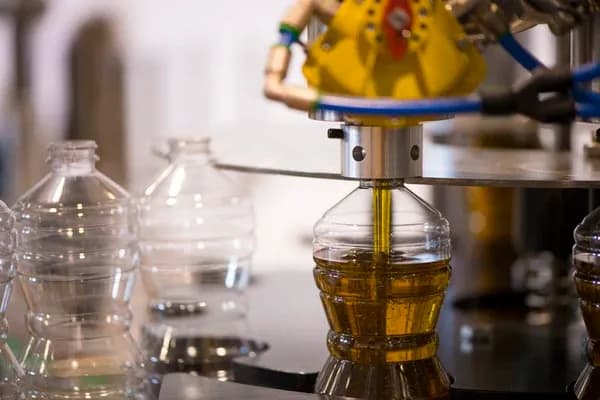 Üretim hattında şeffaf bir plastik şişeye otomatik makineyle yağ dolduruluyor.